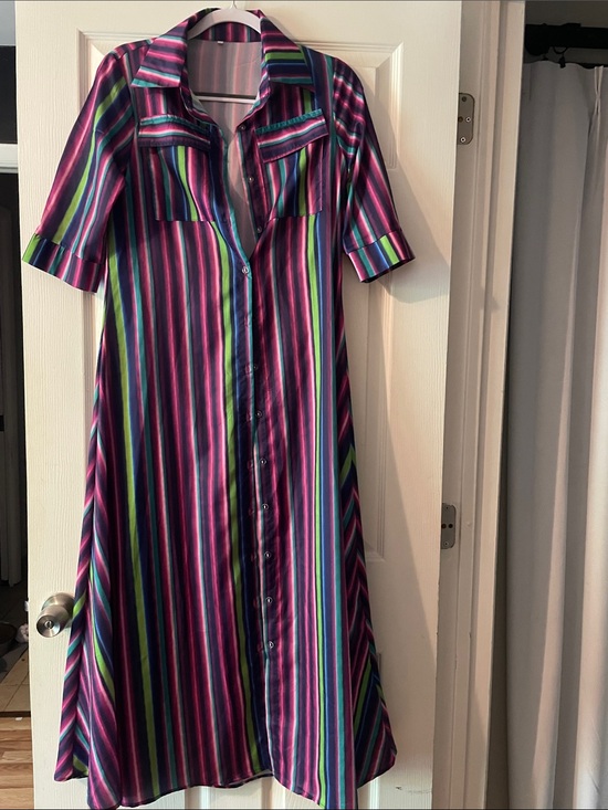 Dresses & Skirts - Women's Button-Front Striped Midi Dress - Purple Multicolor